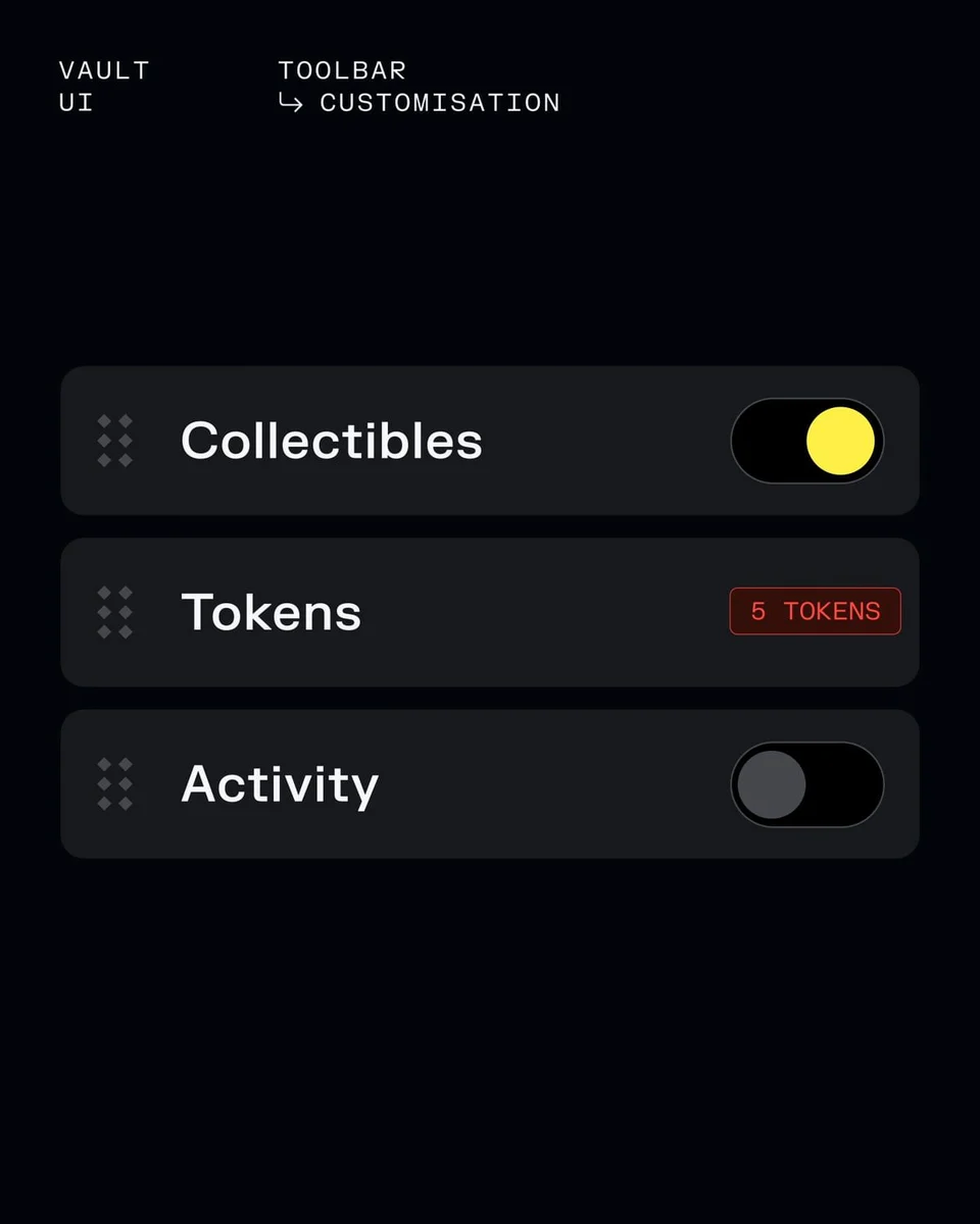 Solflare wallet settings UI with yellow toggles
