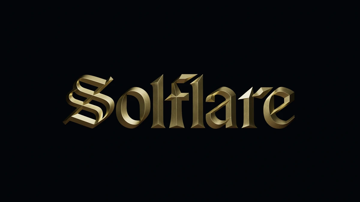 Gold metallic Solflare blackletter wordmark on black