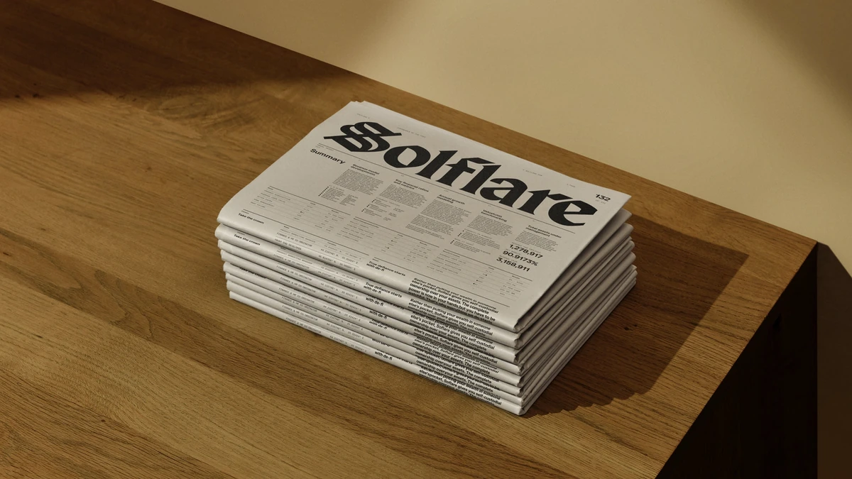 Stack of newspapers printed with the Solflare wordmark