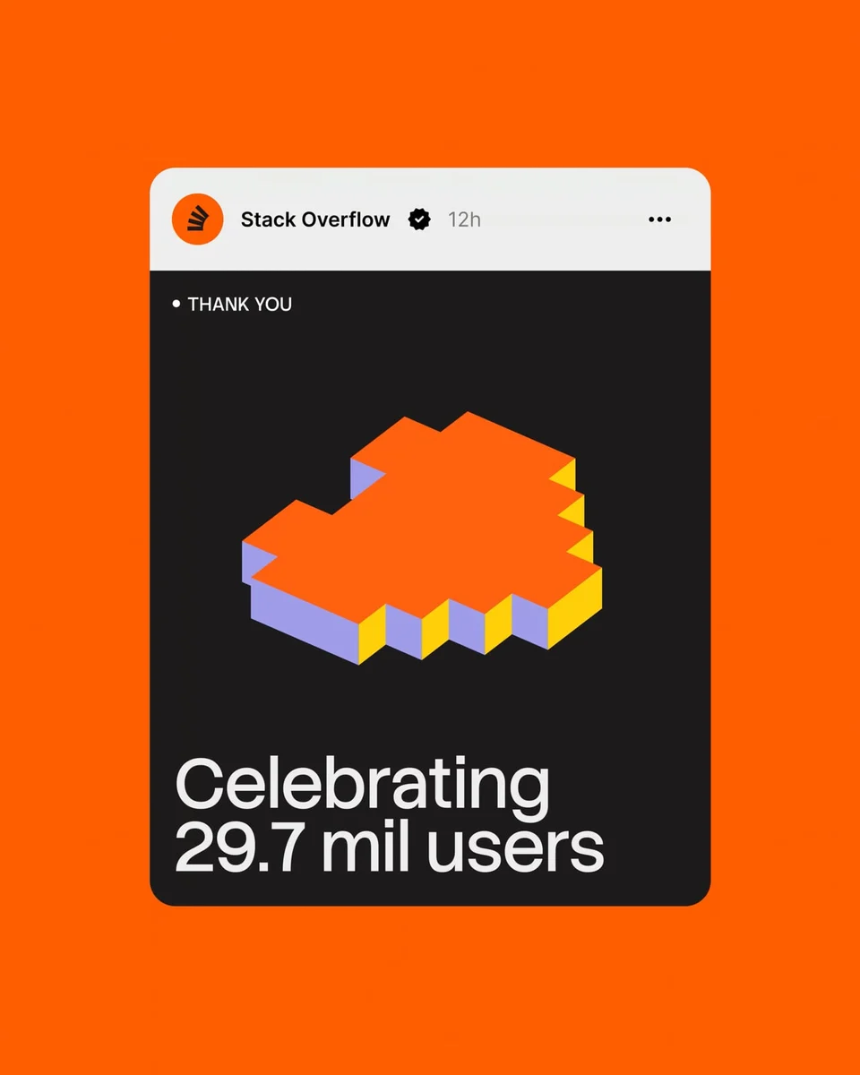 Stack Overflow social card: 'Celebrating 29.7 mil users'