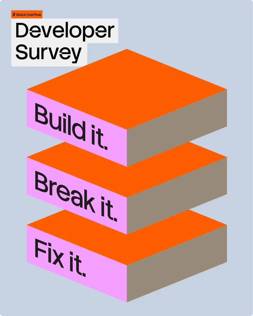 Stack Overflow Developer Survey graphic: 'Build it. Break it. Fix it.'