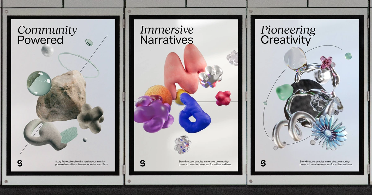 Story posters: 'Community Powered', 'Immersive Narratives', 'Pioneering Creativity'