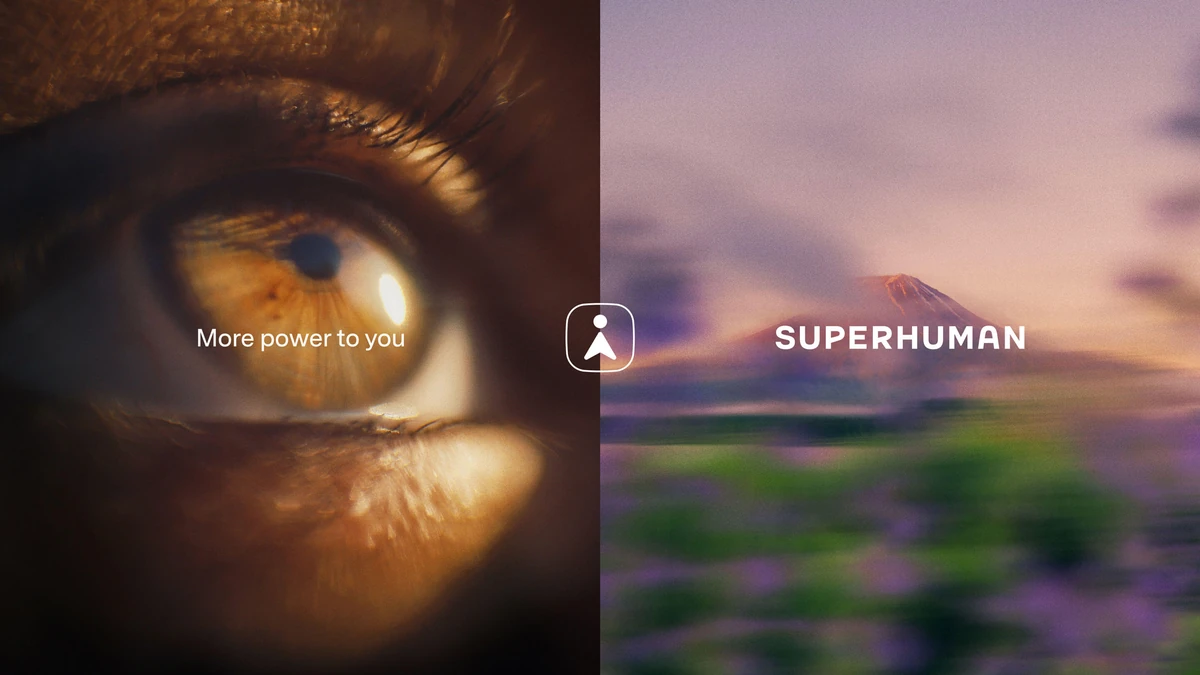 Superhuman campaign image: close-up of an eye beside a landscape