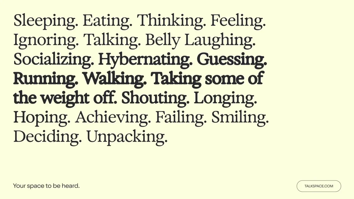 Talkspace typographic list of feelings and activities