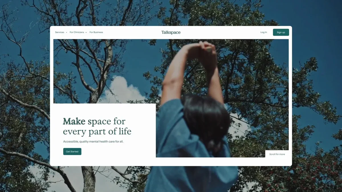 Talkspace website hero over a landscape photo