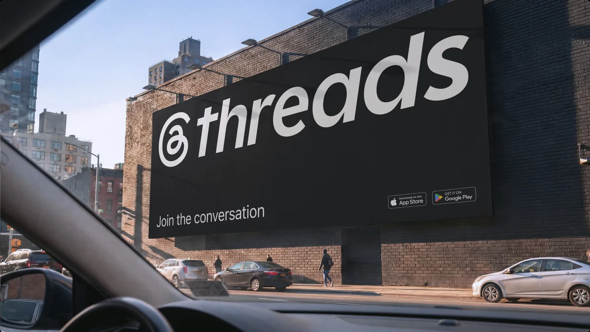 Large Threads billboard on a city building seen from a car