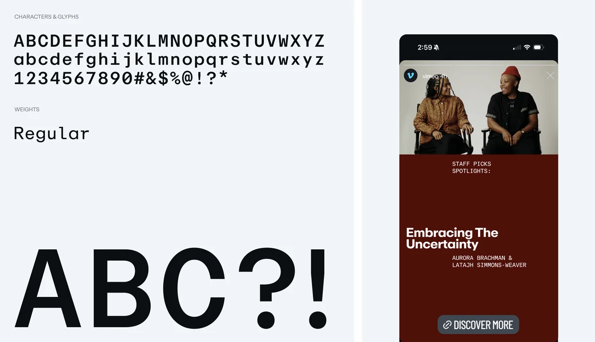 Vimeo-letterproef naast een webpagina
