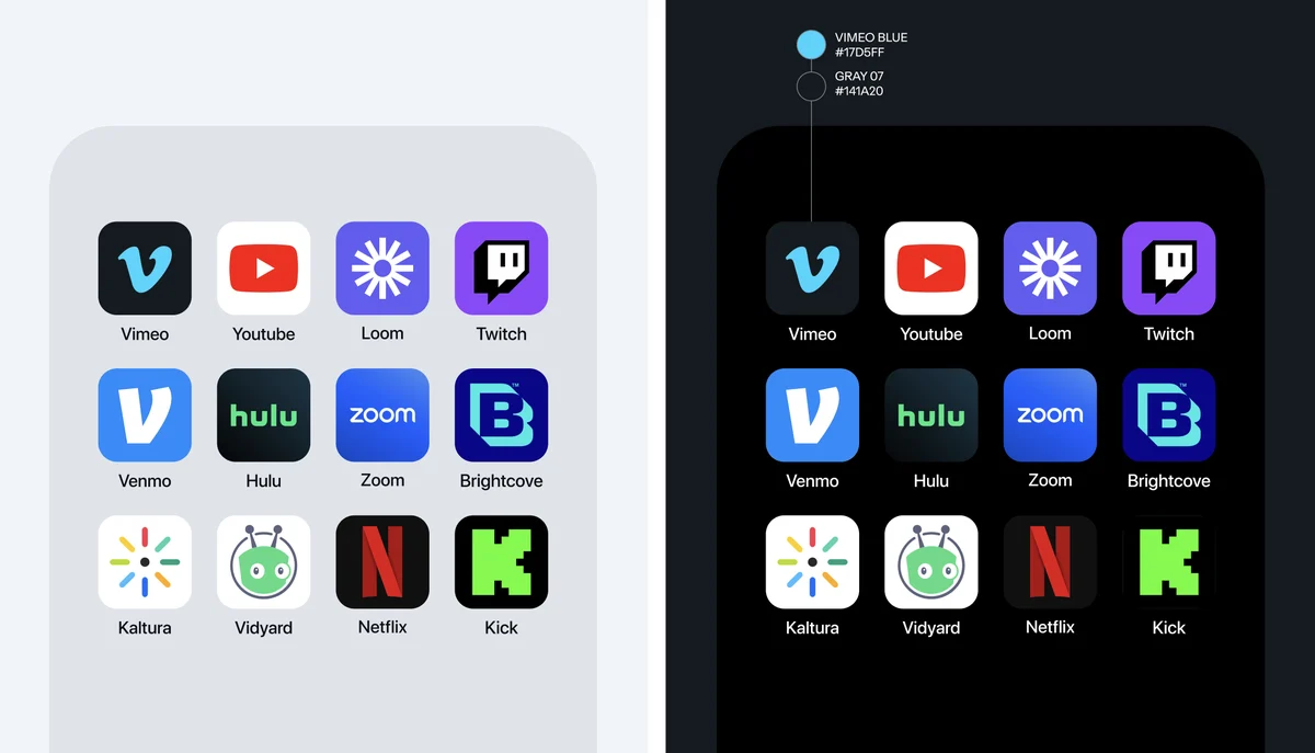 Raster van Vimeo-app-iconen op lichte en donkere beginschermen