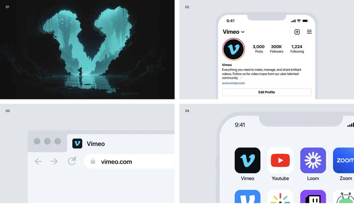 Vimeo-3D-'V'-symbool en appschermen