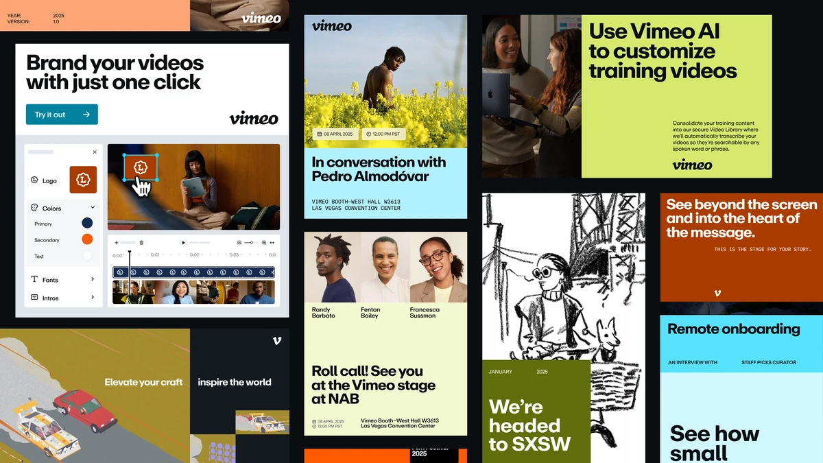 Collage van Vimeo-marketingpagina's en social posts