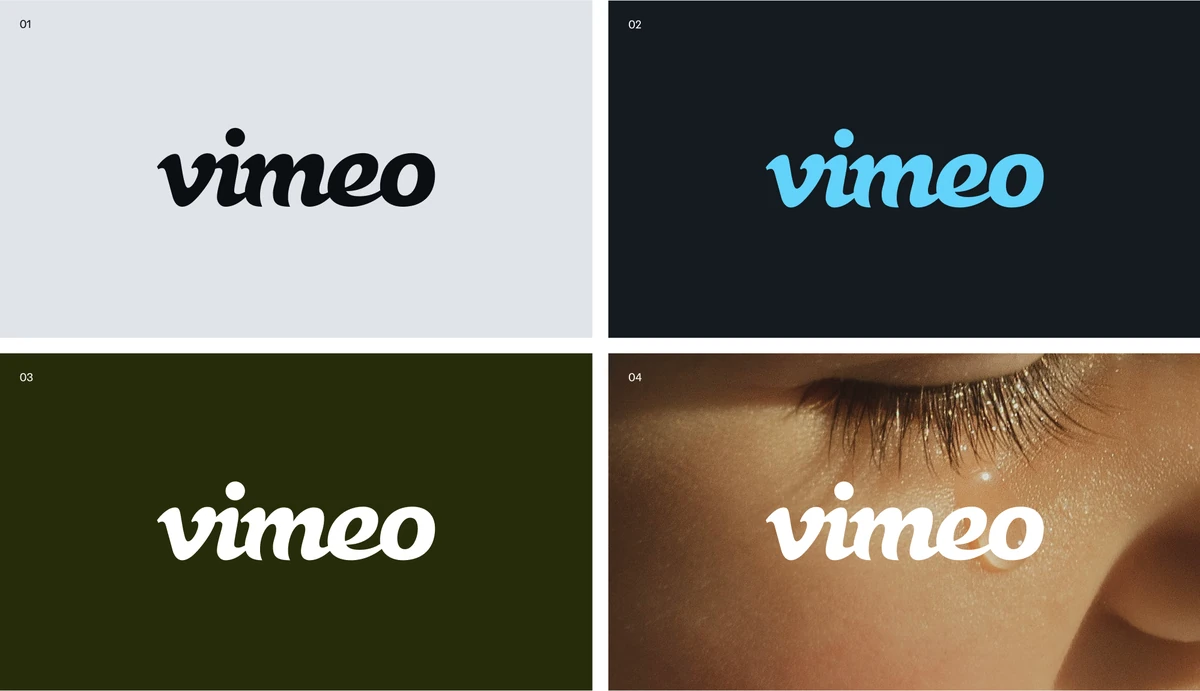 Vimeo-woordmerk op vier gekleurde achtergronden