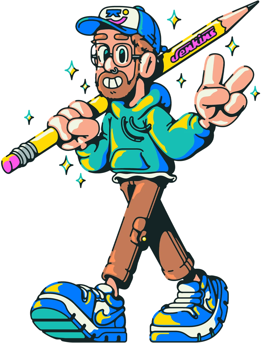 Cartoon illustrated character with a giant pencil, Vizcom brand art