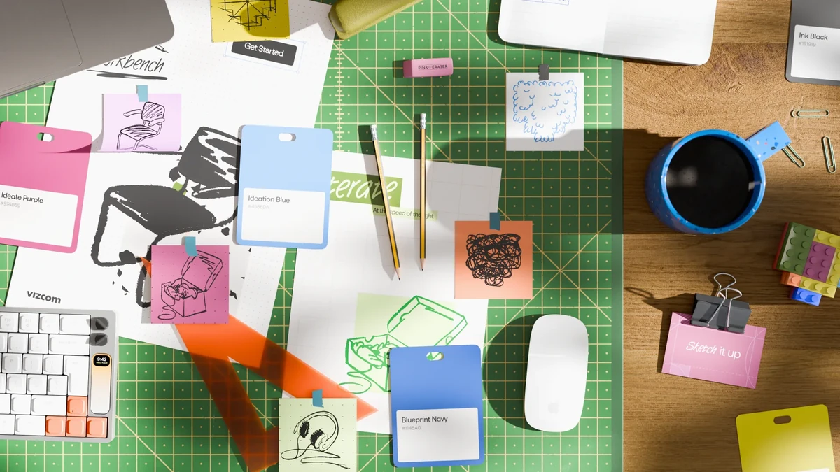 Vizcom stationery, sketches and supplies on a green cutting mat