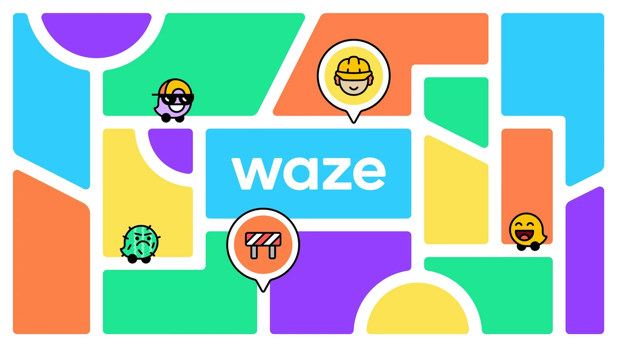 Waze logo on a colourful map pattern