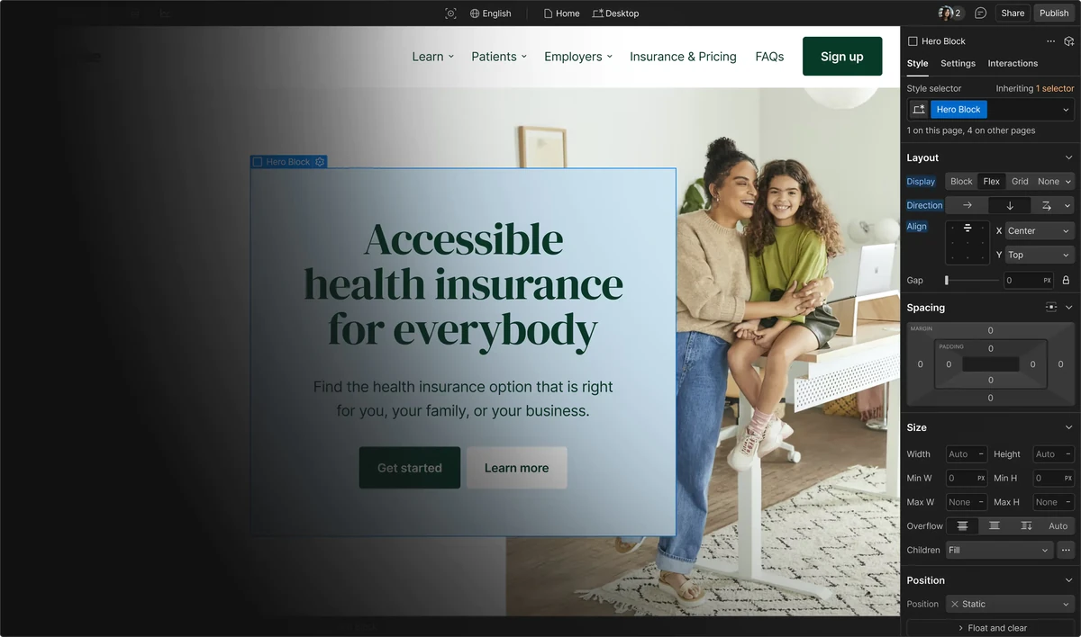 Webflow Designer bewerkt een site van een zorgverzekeraar