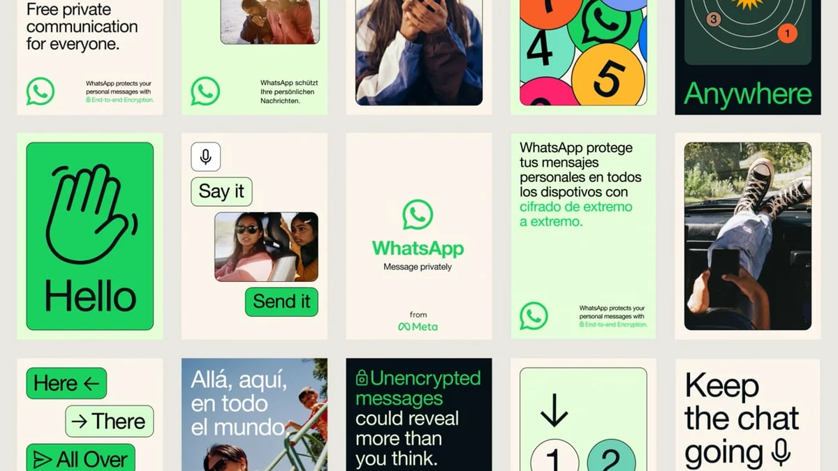 Grid of WhatsApp campaign layouts and stickers