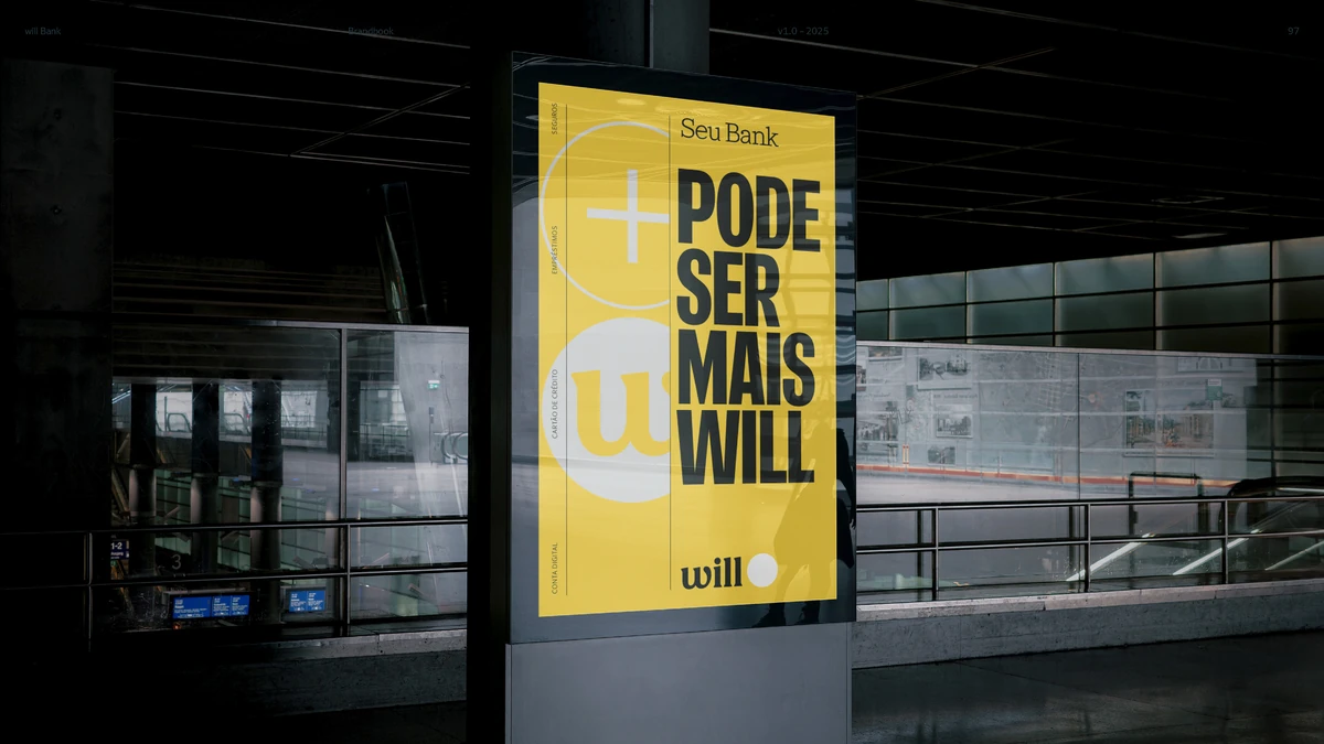 Gele Will Bank-poster in een donkere onderdoorgang