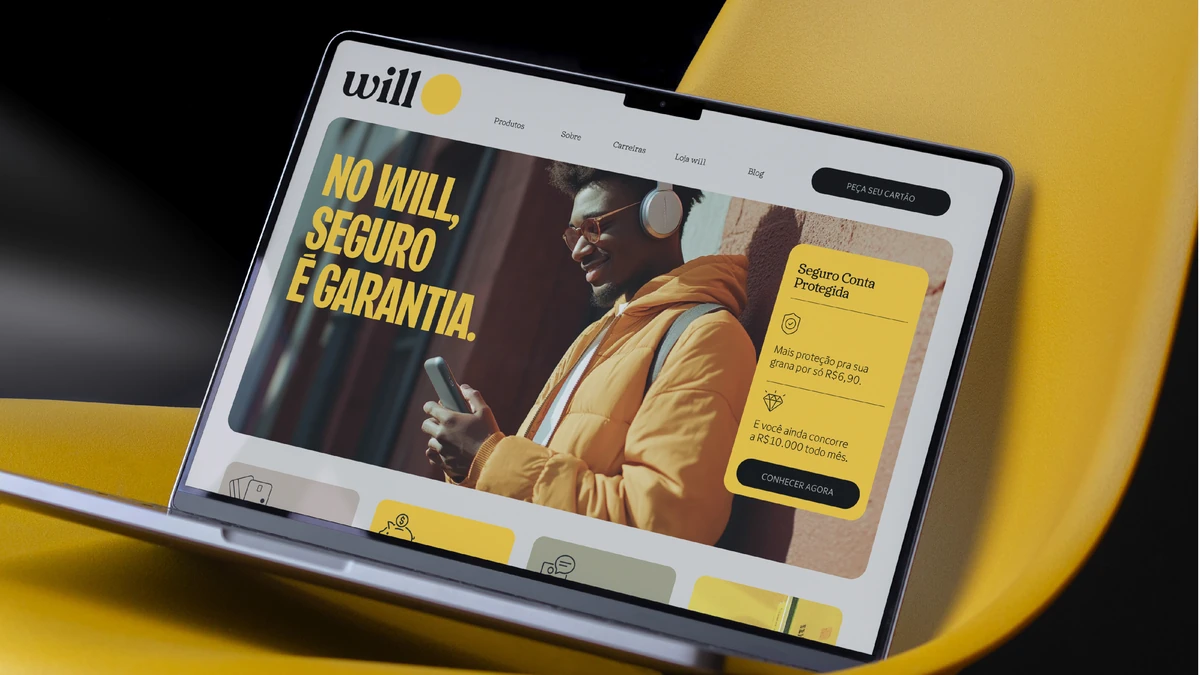 Laptop met een gele Will Bank-webpagina