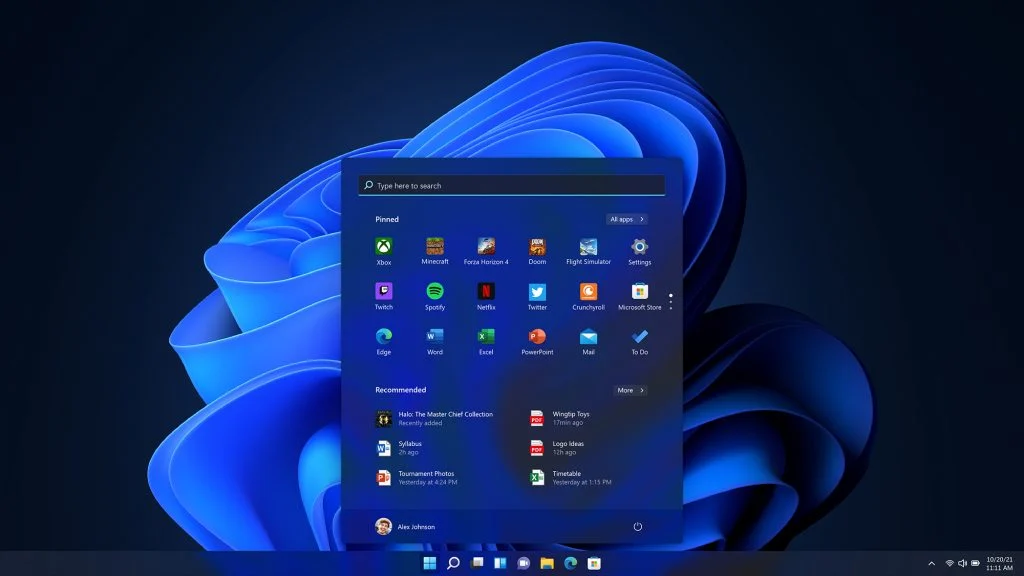 Windows 11 Start menu in dark mode