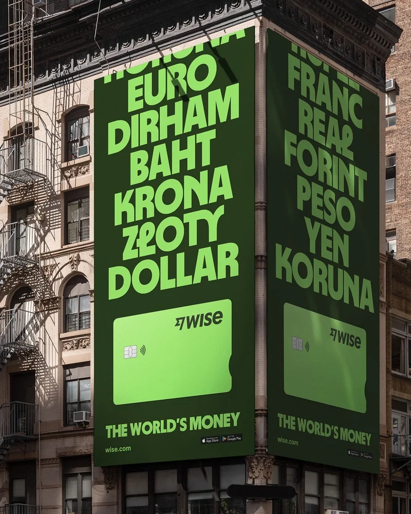 Wise building-side ad listing currencies: Euro, Dirham, Baht, Krona, Zloty, Dollar