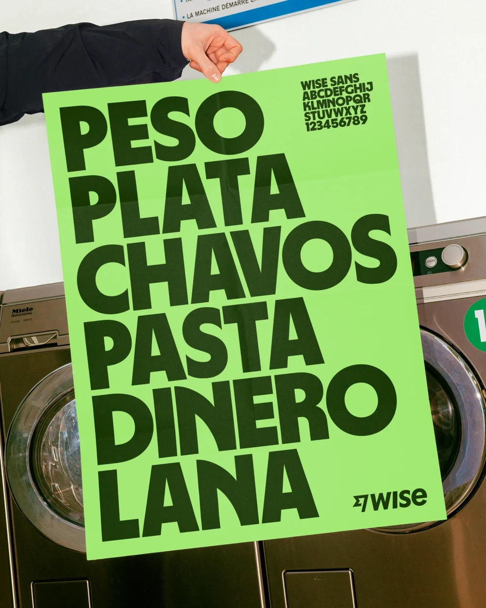 Wise poster listing words for money: Peso, Plata, Chavos, Pasta, Dinero, Lana