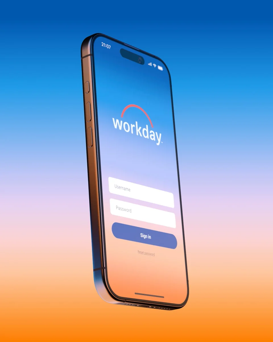 Phone showing the Workday app on a gradient