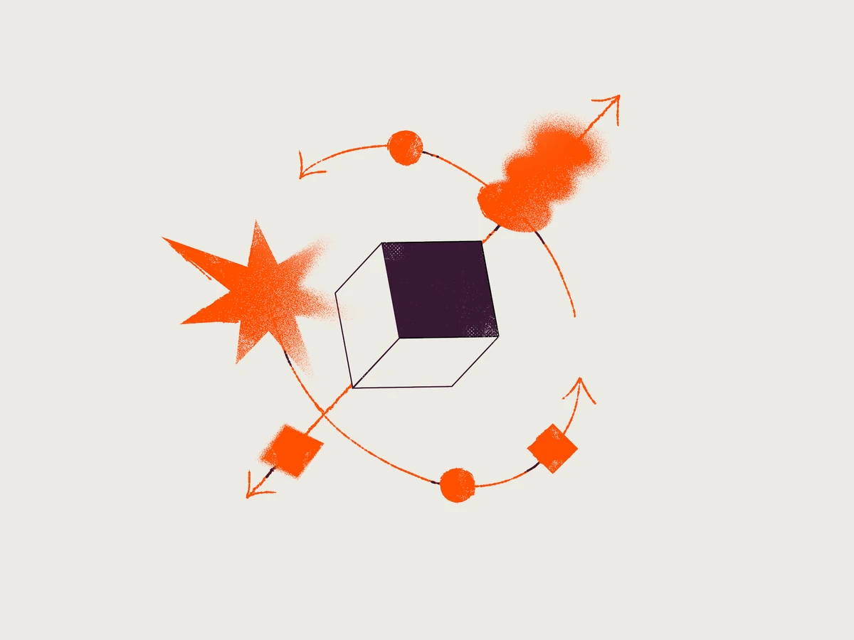 Zapier-illustratie: een oranje kubus met bewegingsbanen