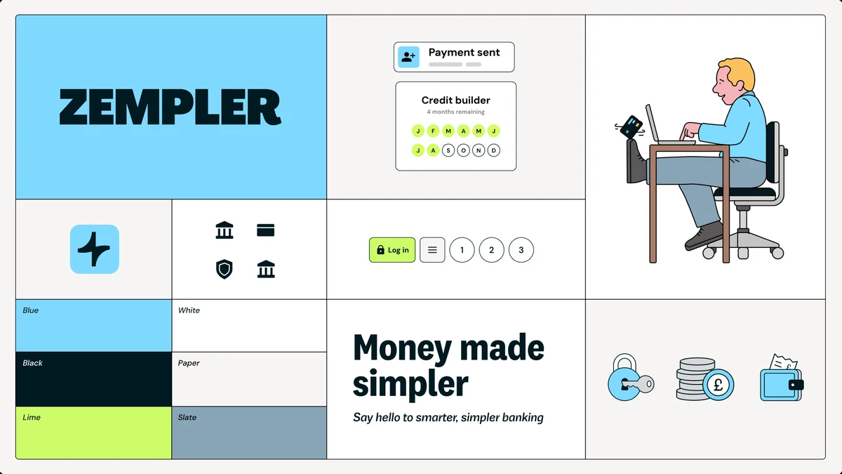 Zempler-merkbord met logo, iconen, illustratie en 'Money made simpler'