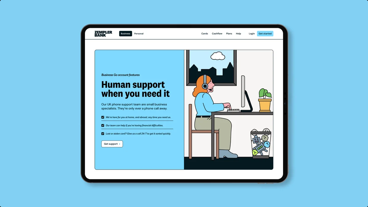 Tablet met een Zempler-webpagina met een illustratie van supportmedewerkers