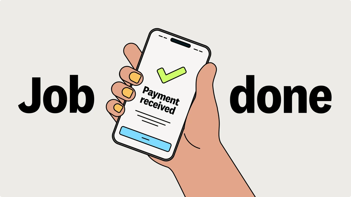 Geïllustreerde Zempler-advertentie: 'Job done' met een telefoon